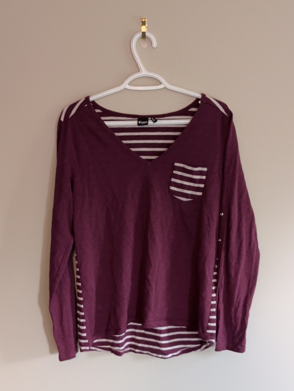 Cruel Denim Plum V-Neck Layered Stripe Long Sleeve Top